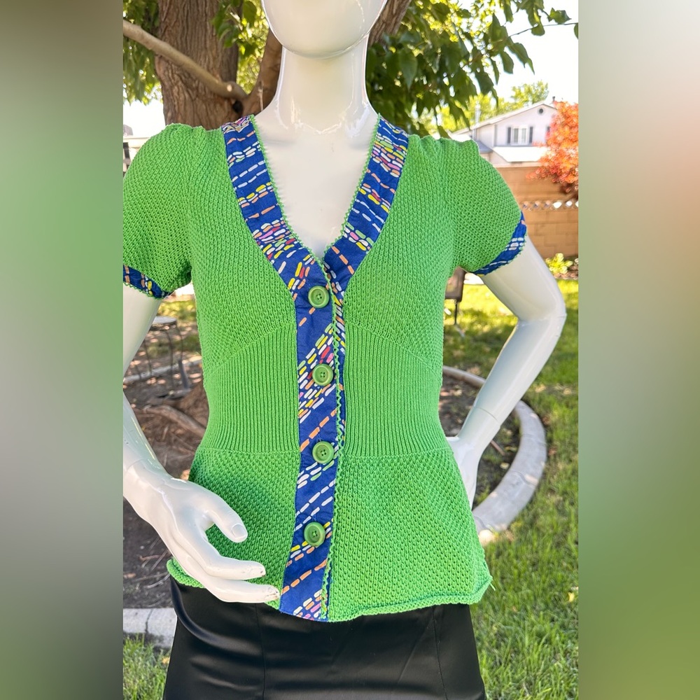 Green and Blue Peplum Blouse with Buttoned Details